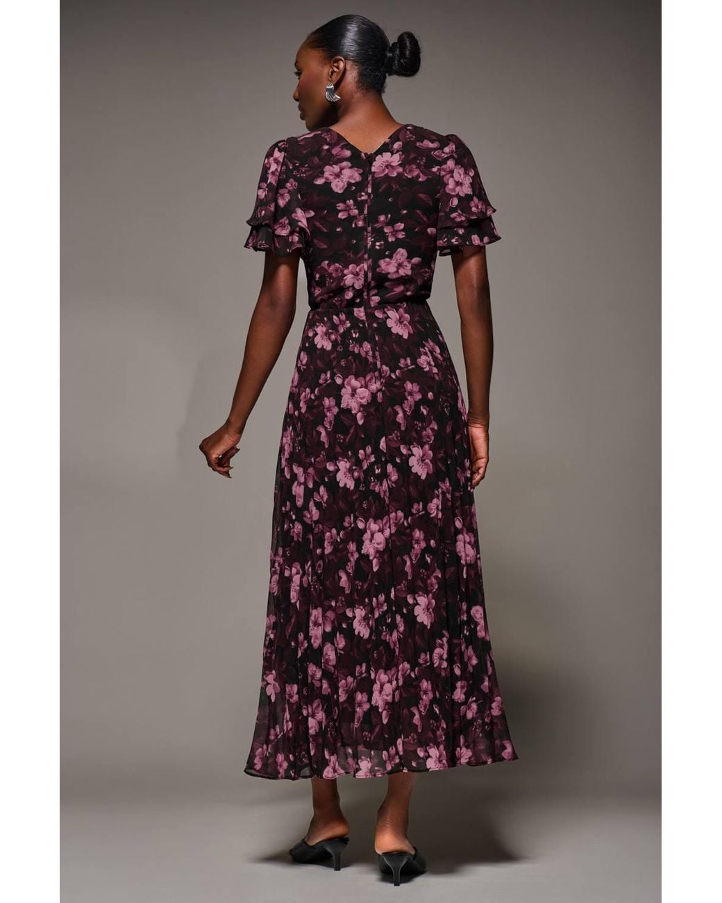 Jolie Moi Brown Chiffon Ruffle Sleeve Pleated Maxi Dress