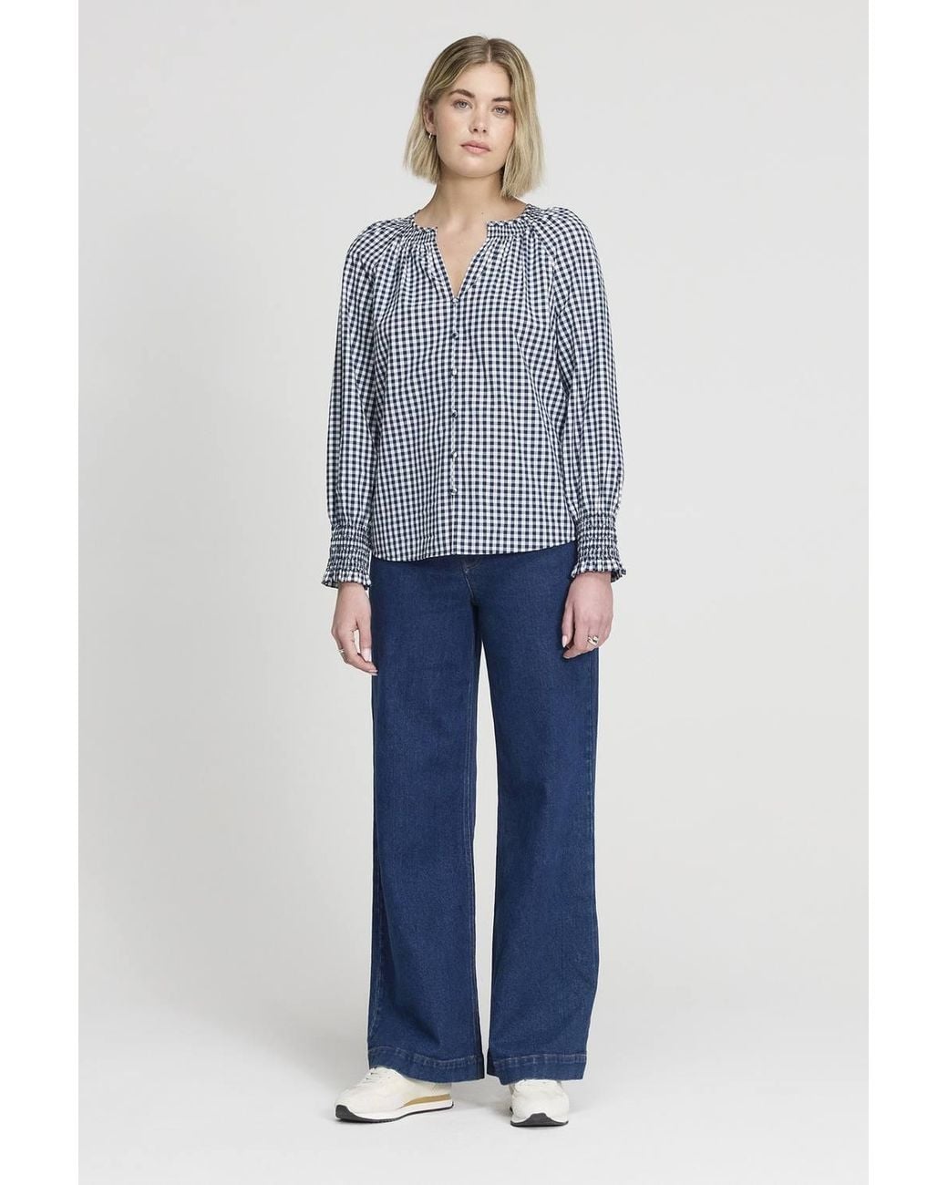 Finery London Blue Sandy Cotton Gingham Long Sleeve Blouse