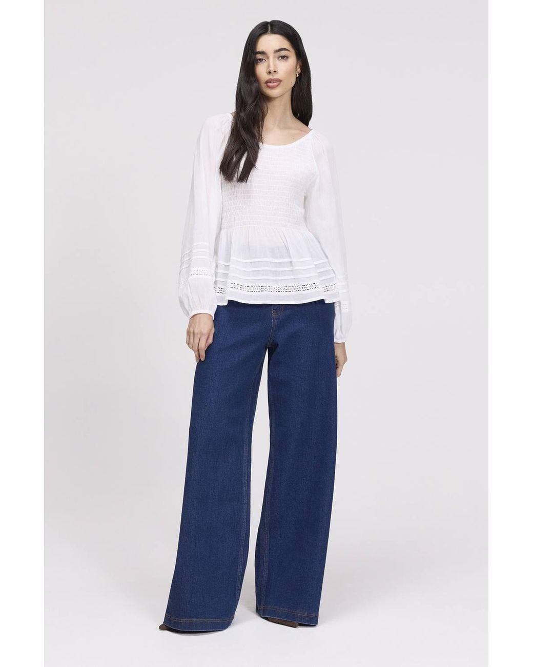 Finery London Blue Jennie Shirred Long Sleeve Cotton Top