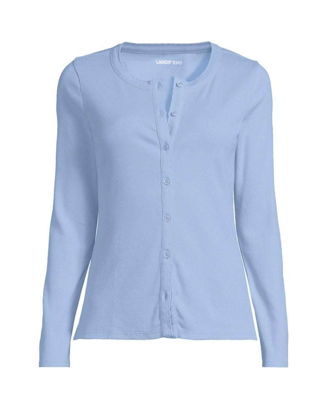 Lands' End Blue Long Sleeve Micro Rib Buttonfront Top