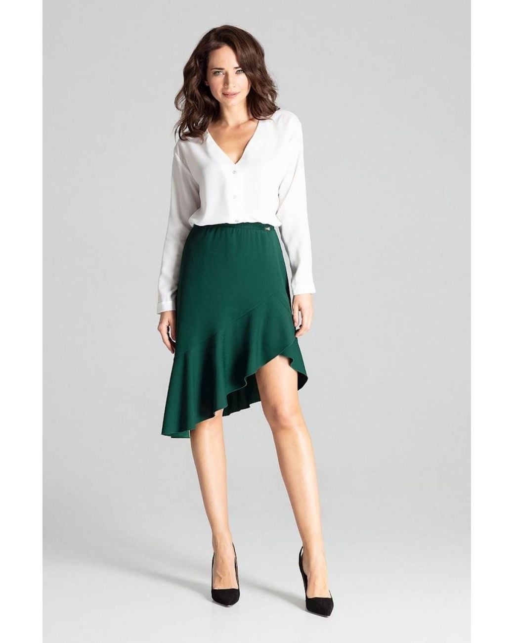 Love Lace Green Asymmetrical Midi Skirt With Frill Hem