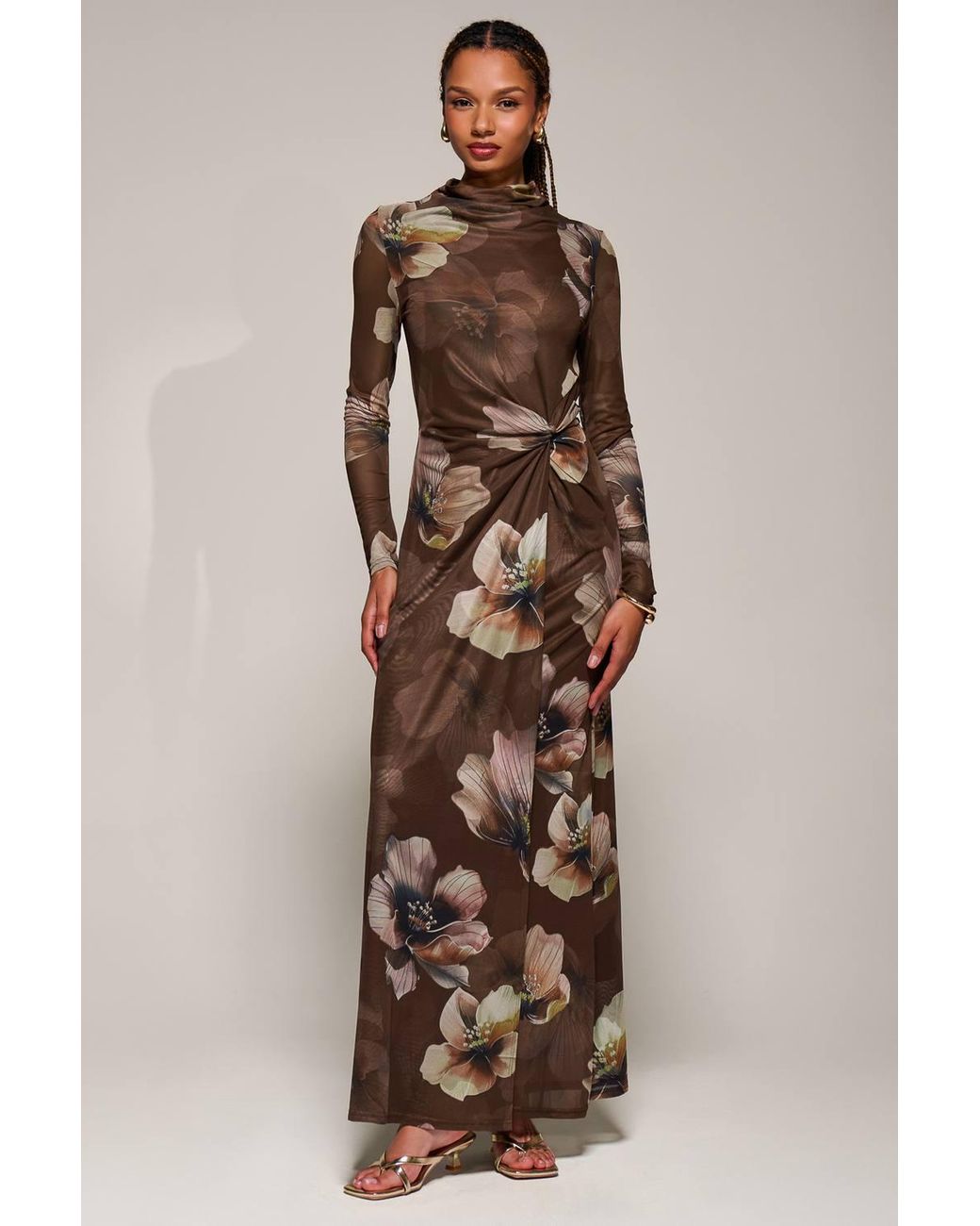 Jolie Moi Natural High Neck Long Sleeve Mesh Maxi Dress