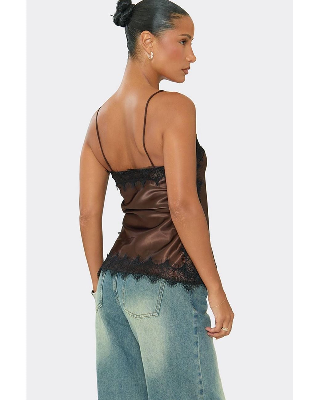 EGO Brown Strappy Straight Neck Lacy Satin Cami Top