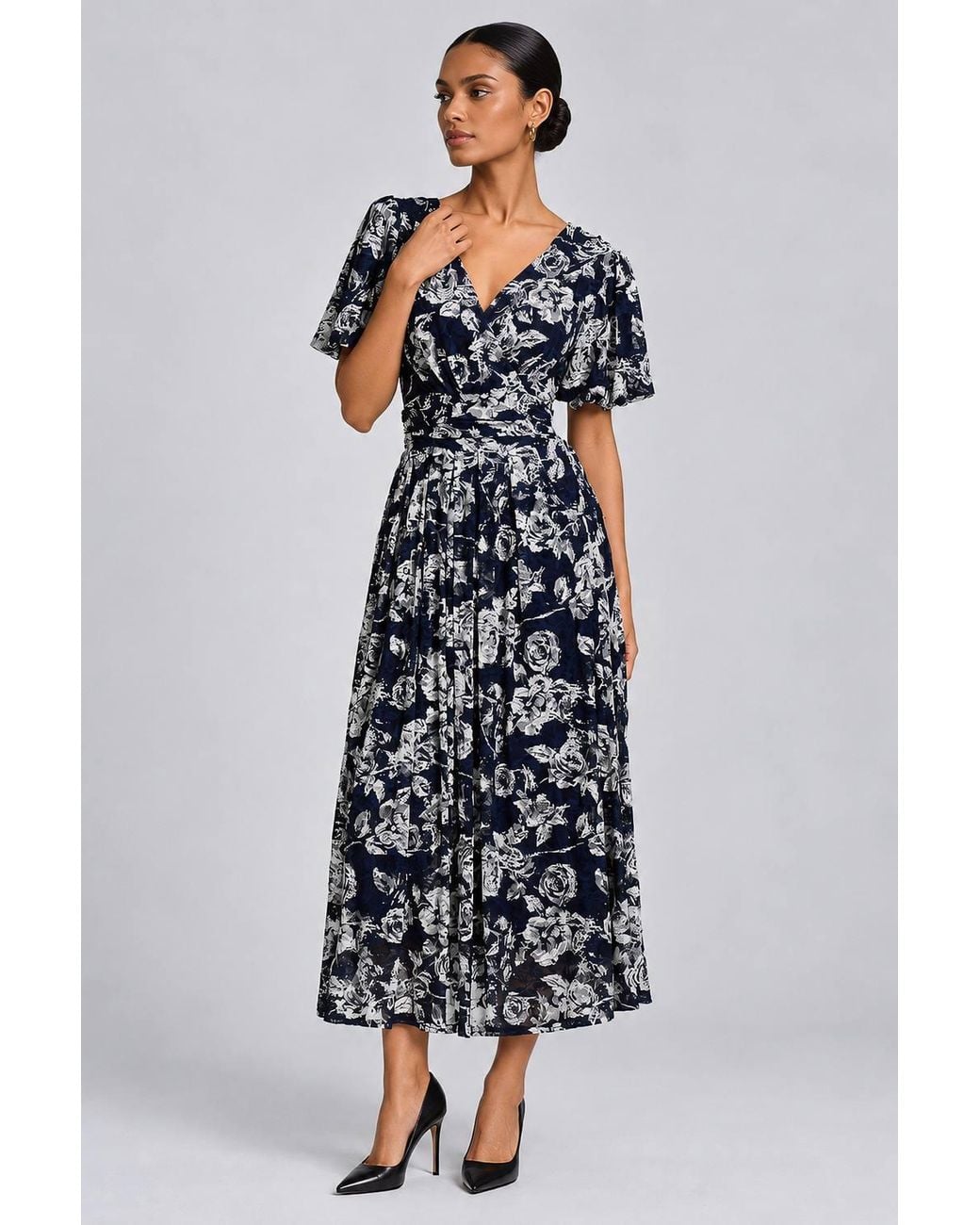 Jolie Moi White Puff Sleeve Printed Lace Maxi Dress