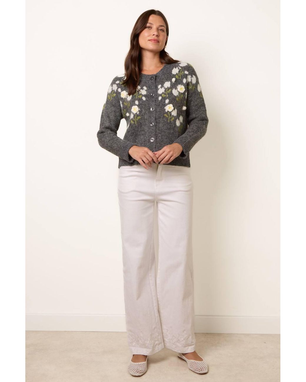 Blue Vanilla Gray Long Sleeve Button Up Round Neck Cardigan