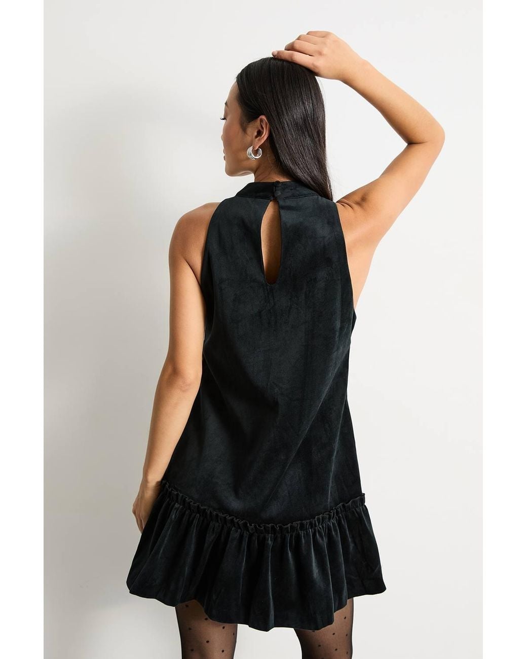 Warehouse Black Petite Bonded Velvet High Neck Mini Dress