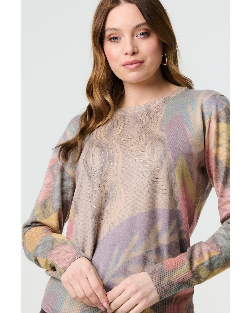 Izabel London Brown Abstract Long Sleeve Round Neck Knit Top