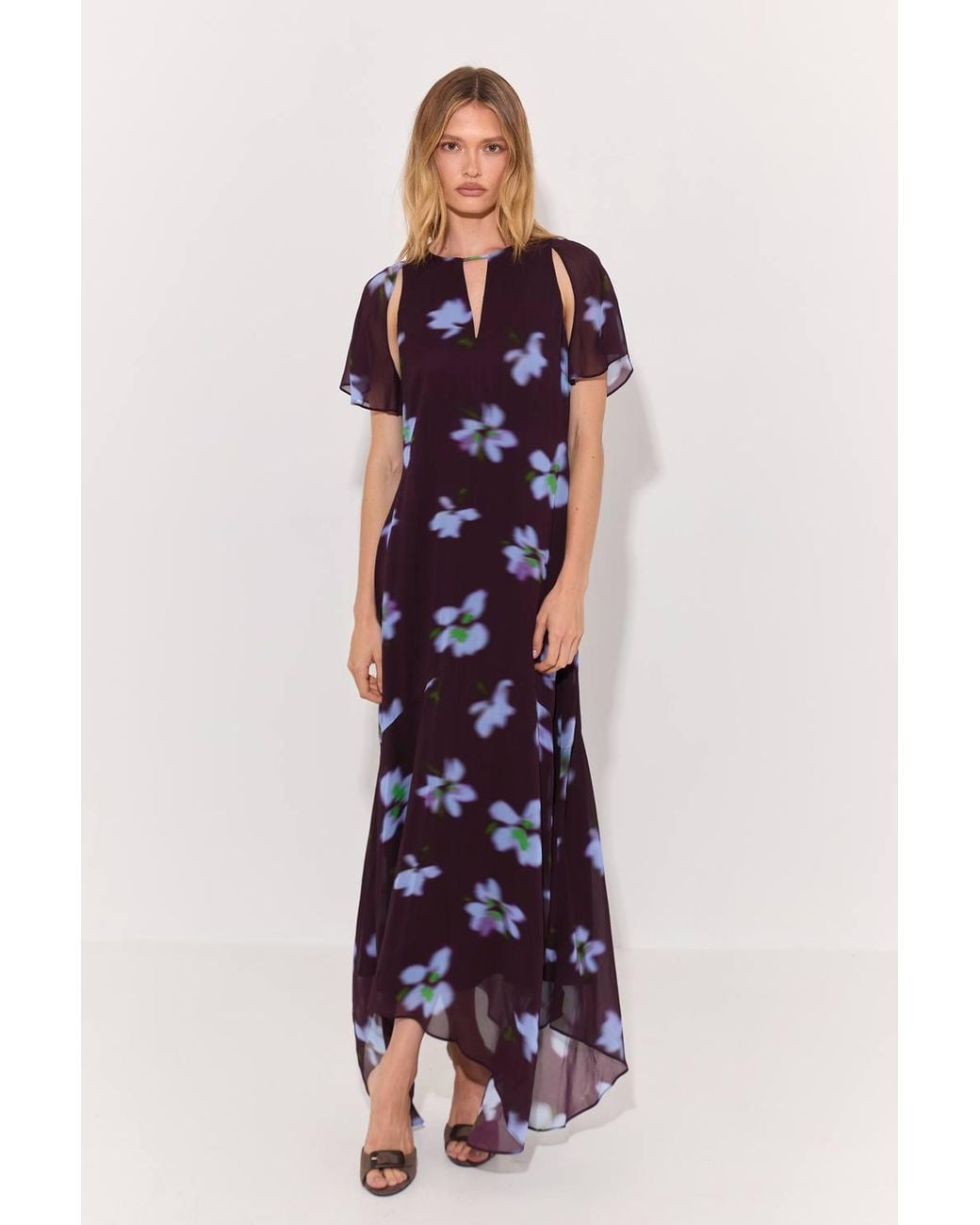 Warehouse White Flared Sleeve Cut Out Asymmetric Hem Floral Print Midaxi Dress