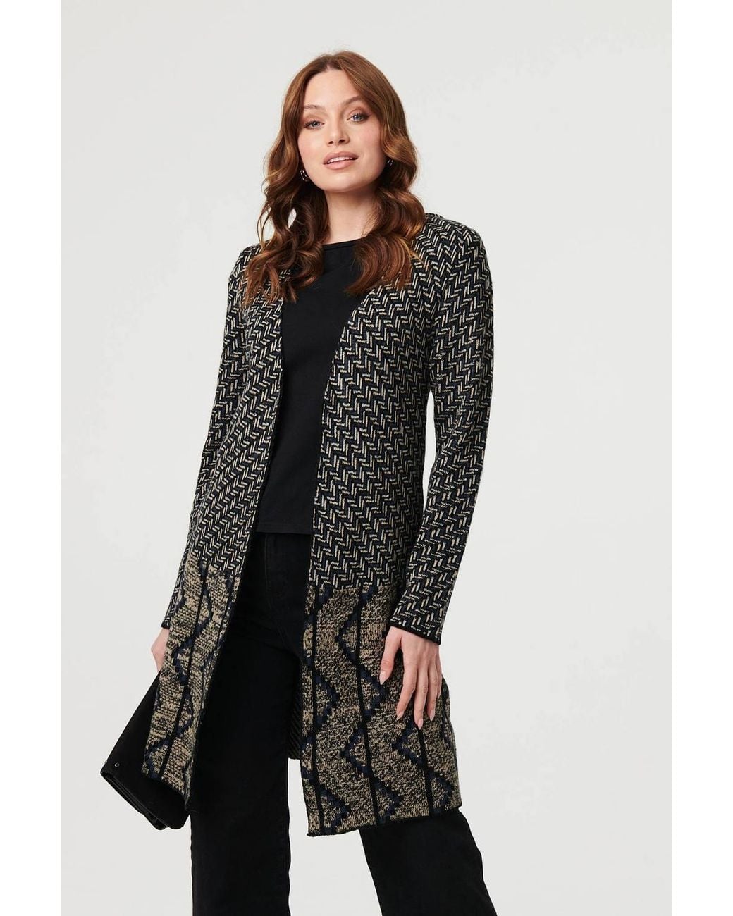 Izabel London Black Geo Print Longline Open Front Jacket