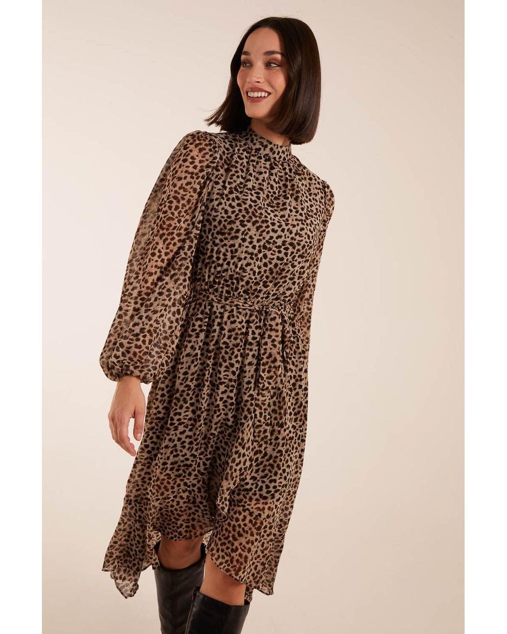 Blue Vanilla Brown High Neck Wrap Midi Dress