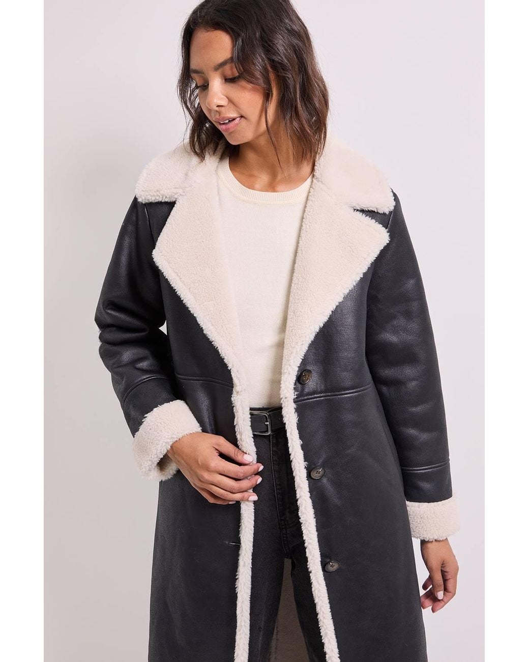 Dorothy Perkins Black Shearling Midi Coat