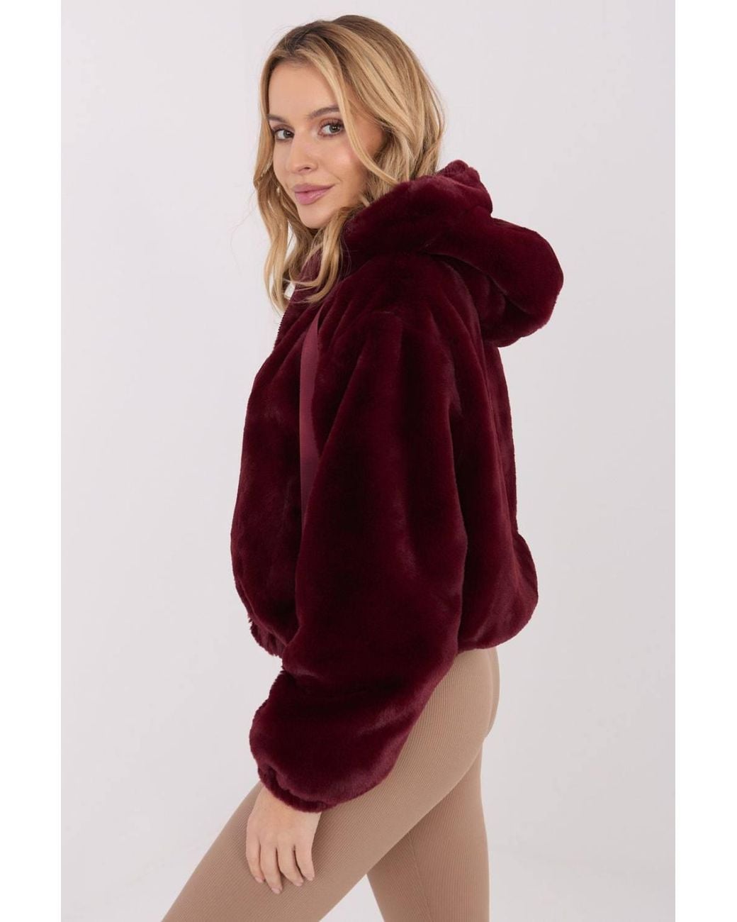 Love Lace Red Hooded Short Faux Fur Transitional Jacket Style 222106