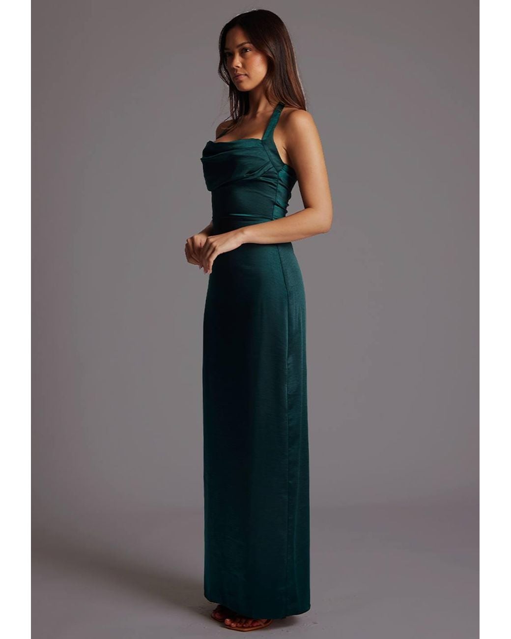 Vesper Blue Draped Bust Satin Halterneck Maxi Dress