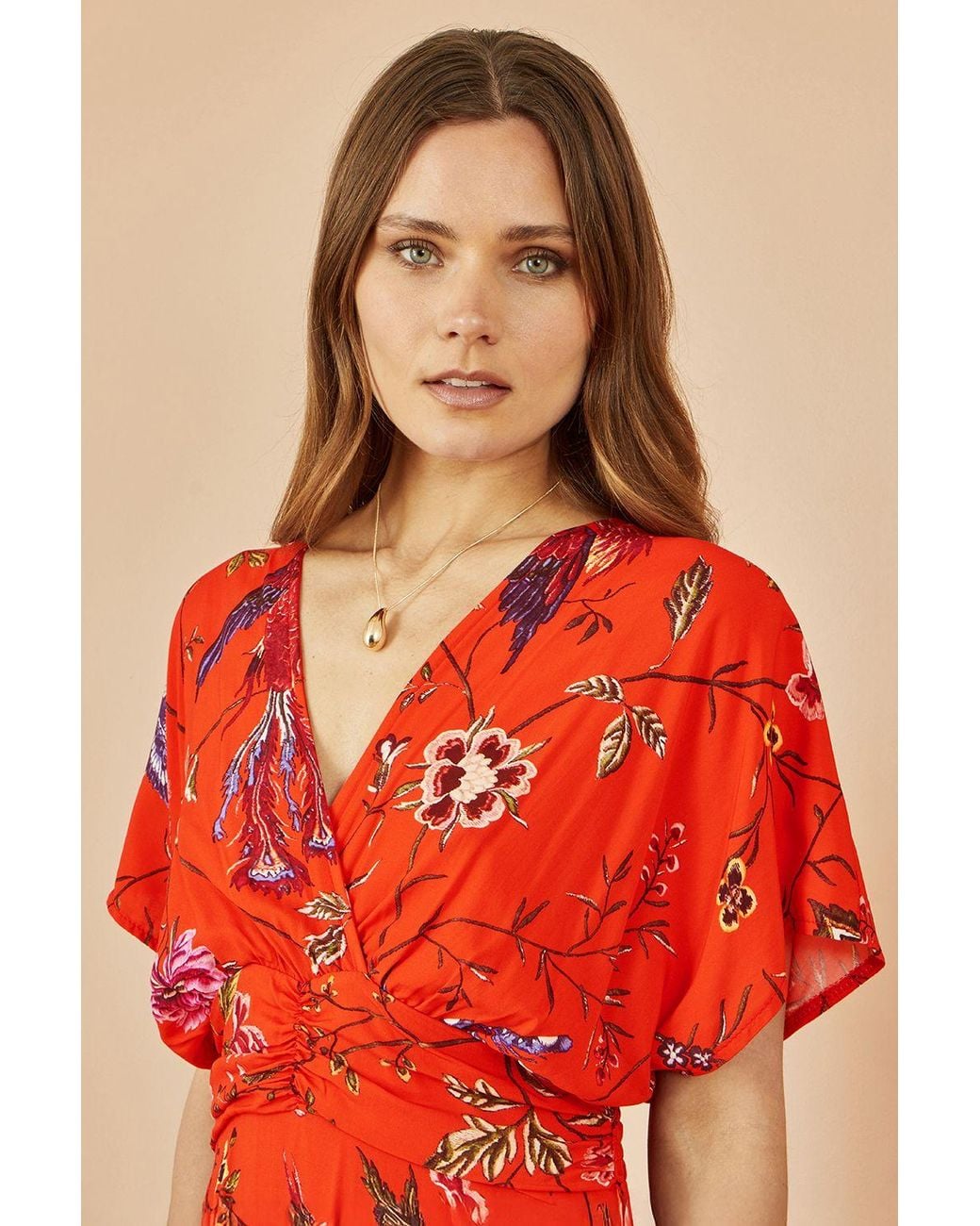 Yumi' Red Viscose Bird & Floral Print Kimono Midi Dress