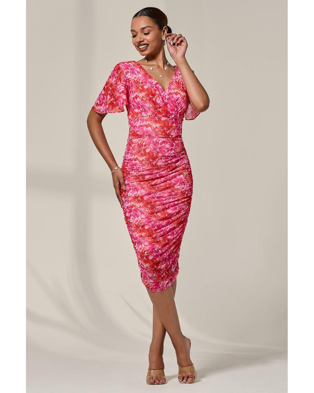 Jolie Moi Pink Angel Sleeved Floral Mesh Bodycon Dress