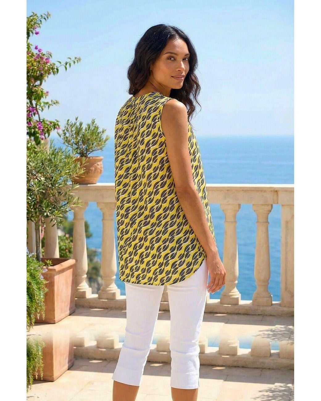 Roman Yellow Geo Print Pleat Front Vest Top