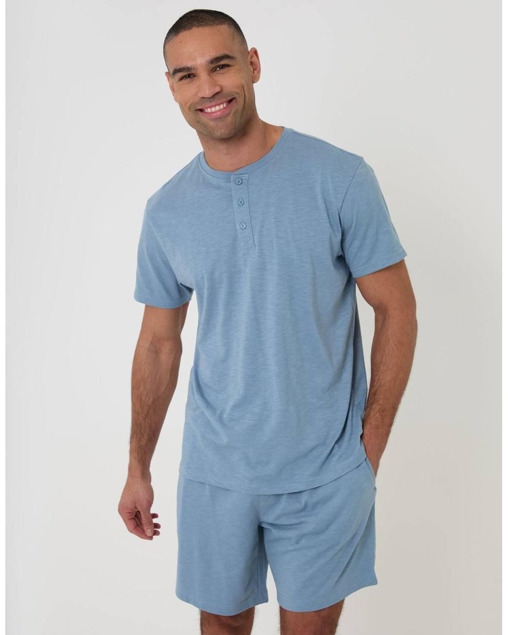 Threadbare Blue Grandad Top & Shorts Pyjama Set for men