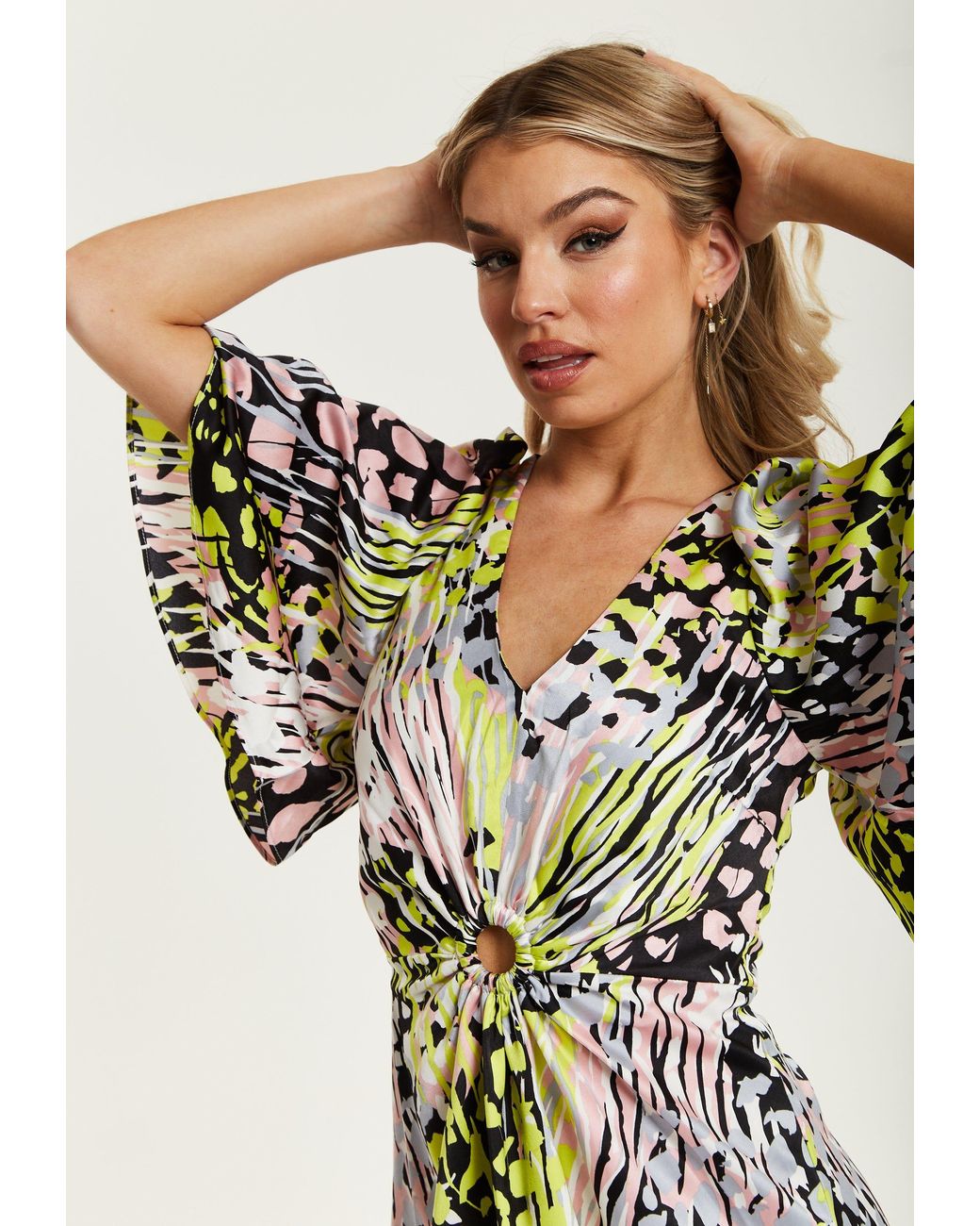Liquorish White Multicolour Abstract Print Mini Dress With Cut Out Front