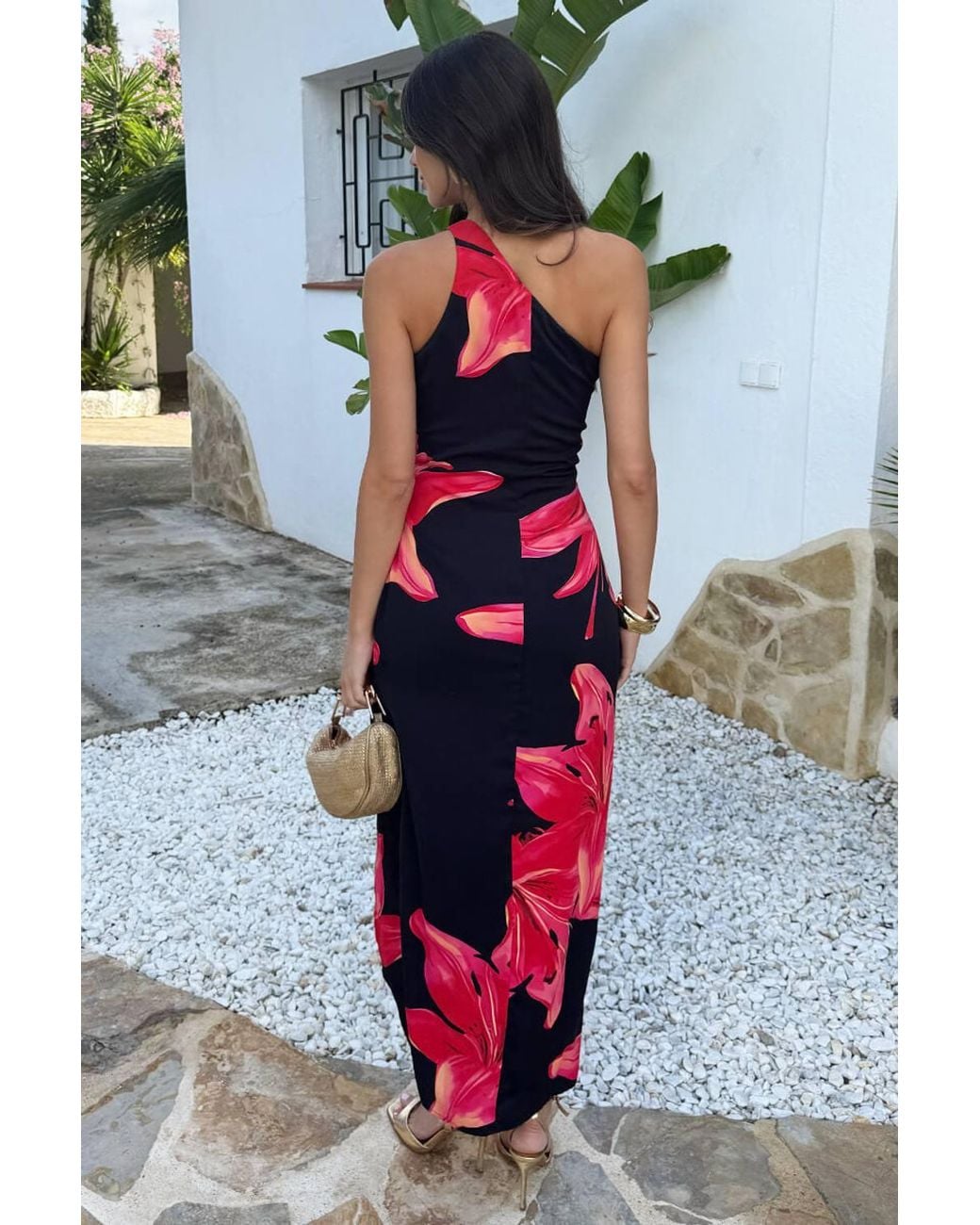 AX Paris Black Coral Floral Print One Shoulder O-Ring Midi Dress