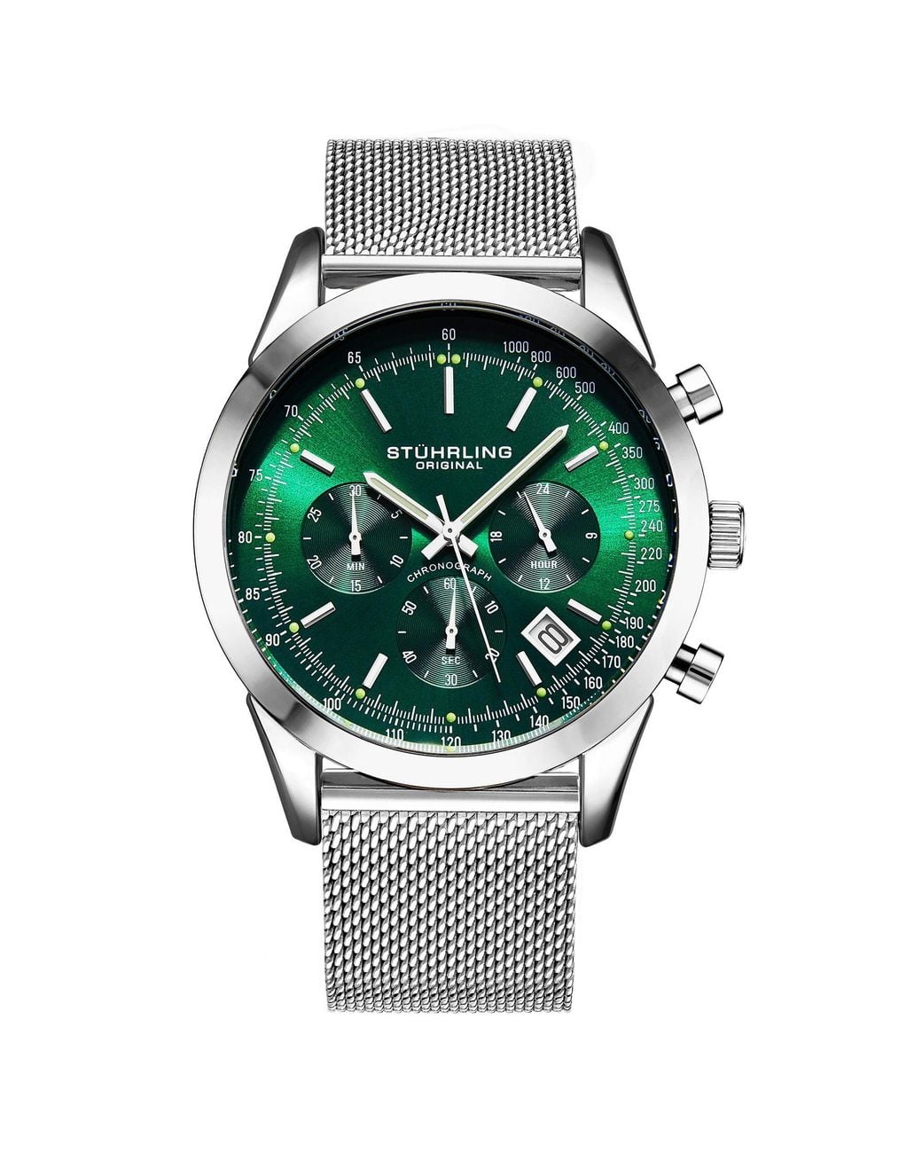 Stuhrling Green Rialto Chronograph Watch Quartz With Tachymeter 44Mm Case Mesh Bracelet for men