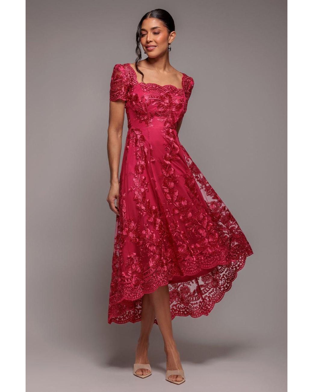 Goddiva Scalloped Neck Embroidered Lace High Low Midi Dress