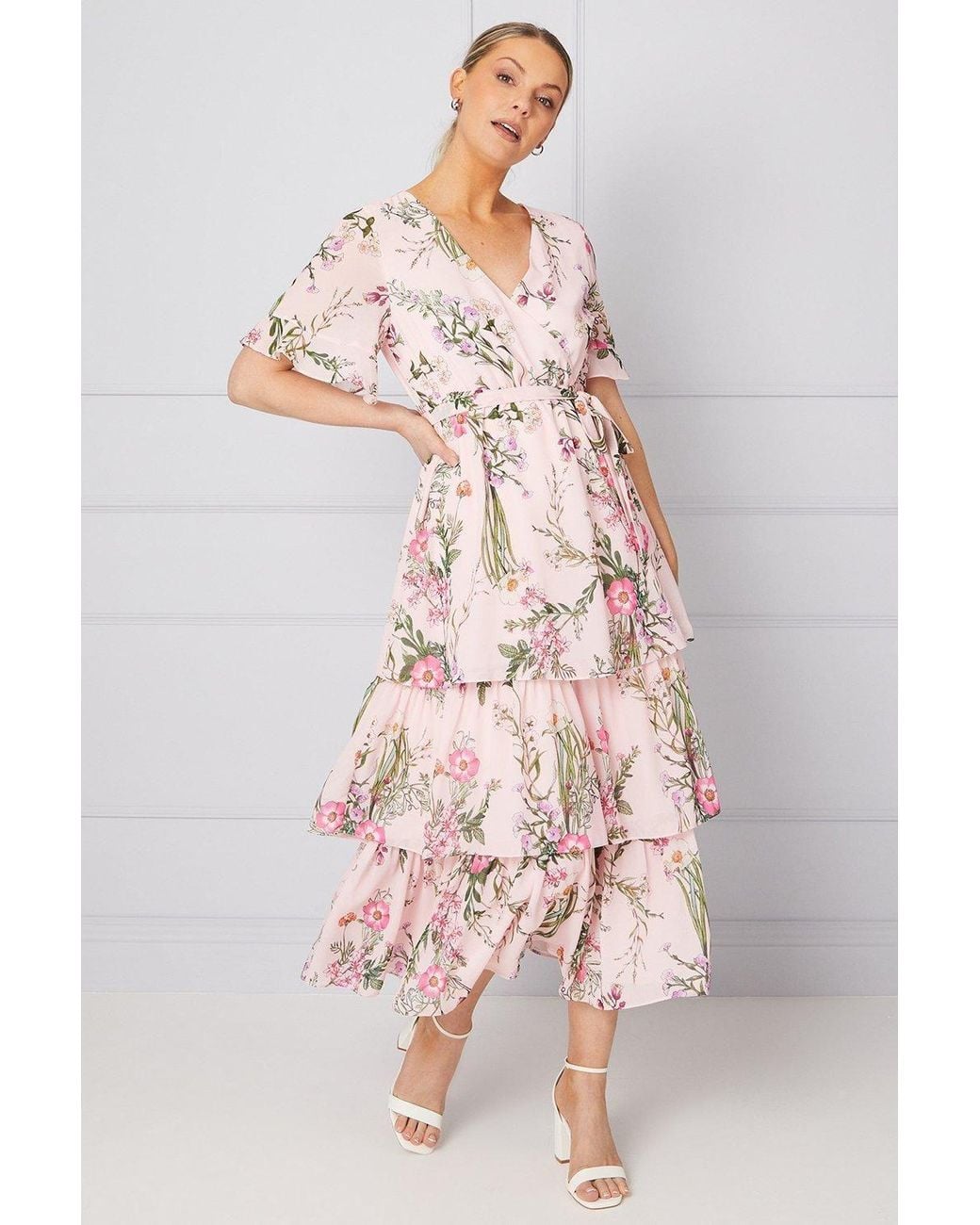 Wallis Pink Occasion Floral Print Ruffle Midi Dress