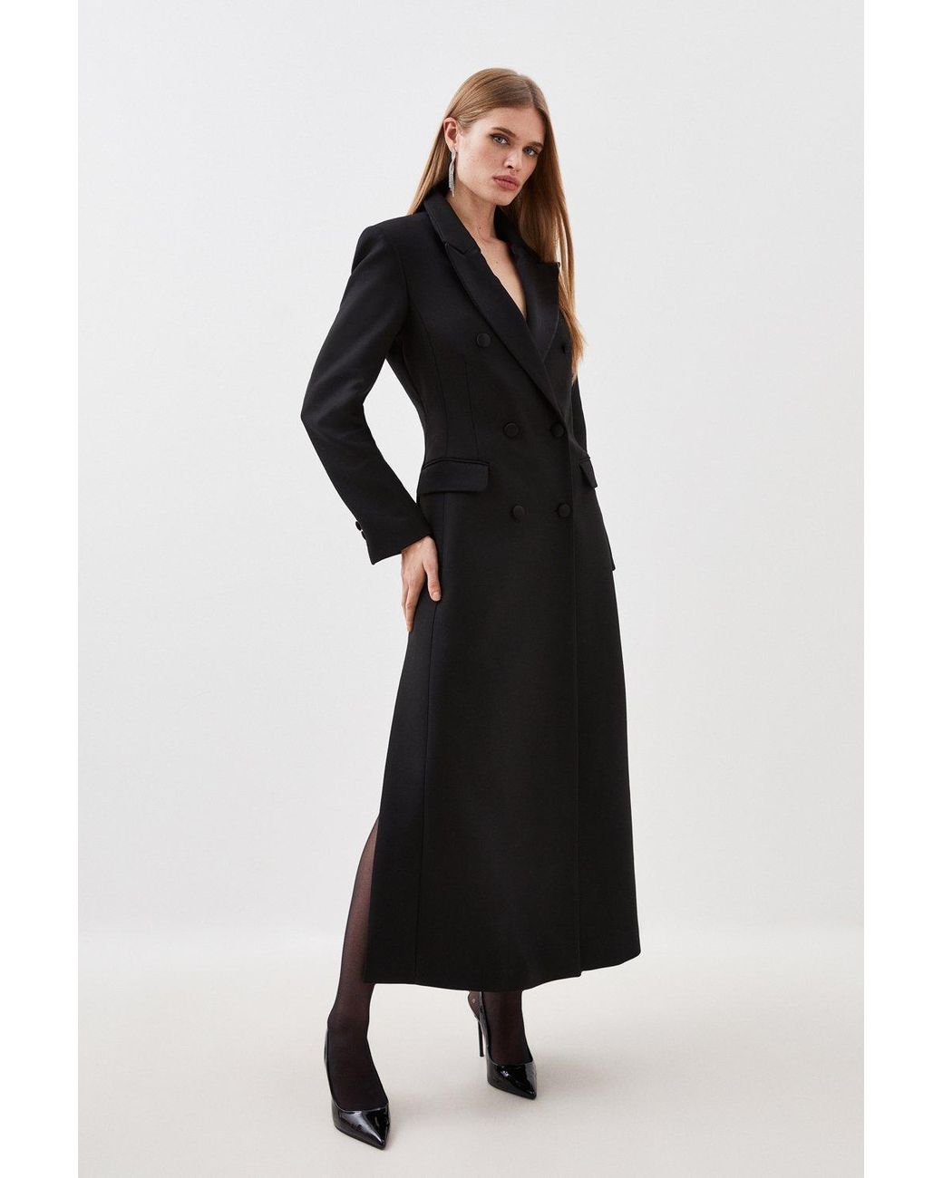 Karen Millen Contrast Satin Double Breasted Coat in Black