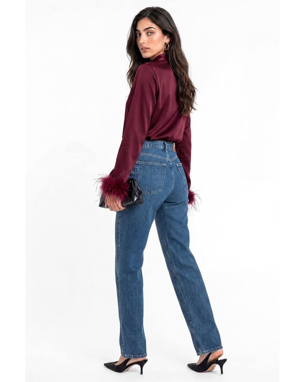 Lovedrobe Red Pussybow Collar Feather Cuffs Button Up Satin Blouse