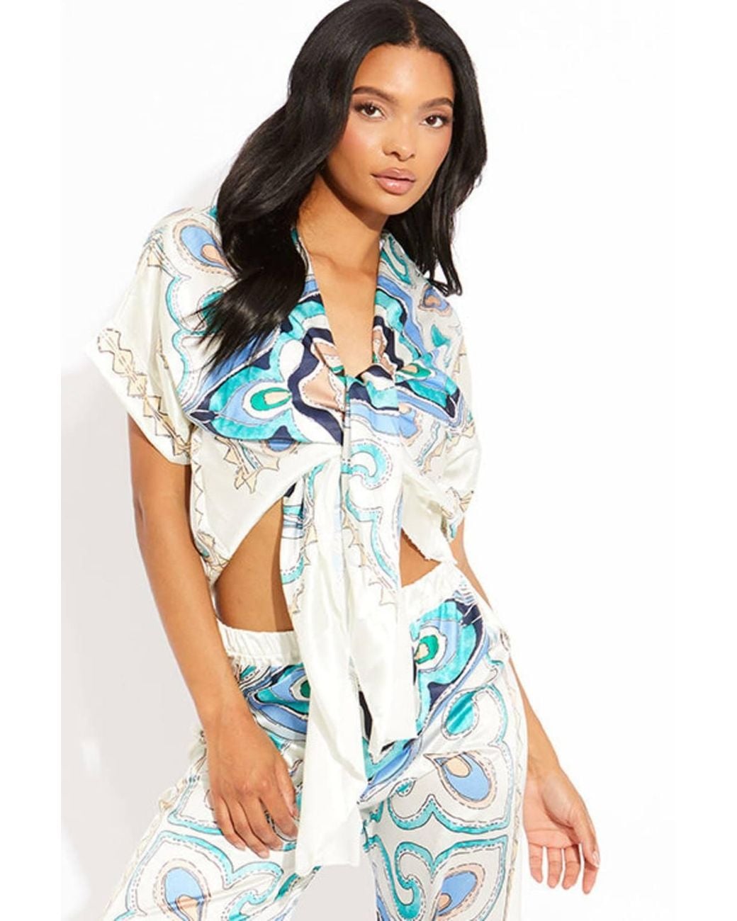 Stylewise Blue Printed Satin Oversized Blouse