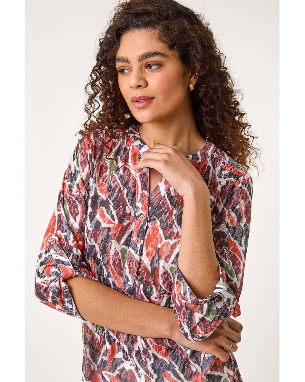 Roman Red Abstract Print Burnout V-Neck Shirt