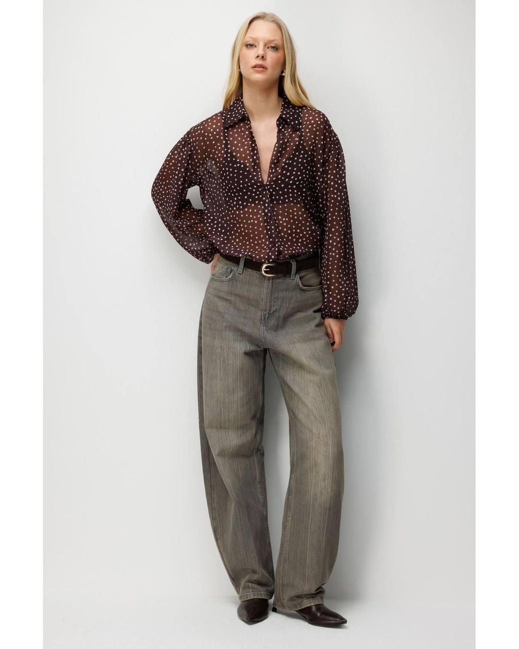 MixRay Black Polka Dot Chiffon Button-Up Shirt