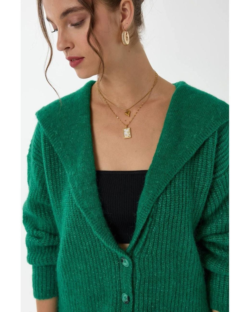 Hiccup Green Relaxed Fit Buttoned Knit Cardigan