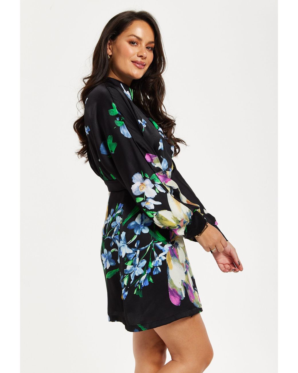 Liquorish Black Elegant Floral Print Mini Wrap Dress With Cut Out Detail