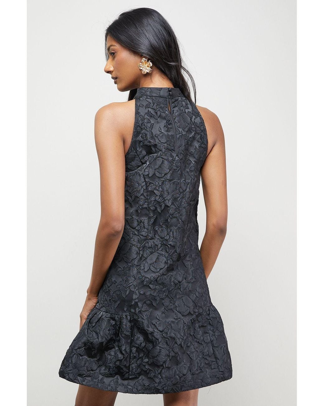 Warehouse Black Jacquard High Neck Drop Hem Mini Dress