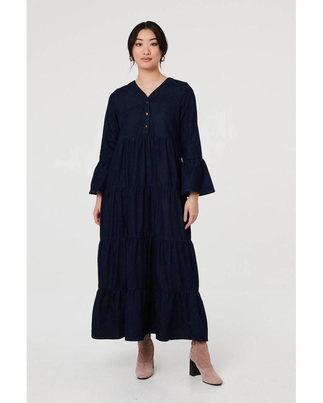 Izabel London Blue Tiered Long Sleeve Relaxed Maxi Dress