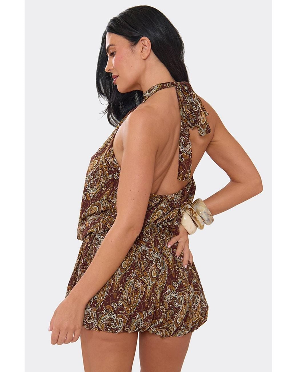 EGO Brown Sleeveless High Neck Paisley Playsuit