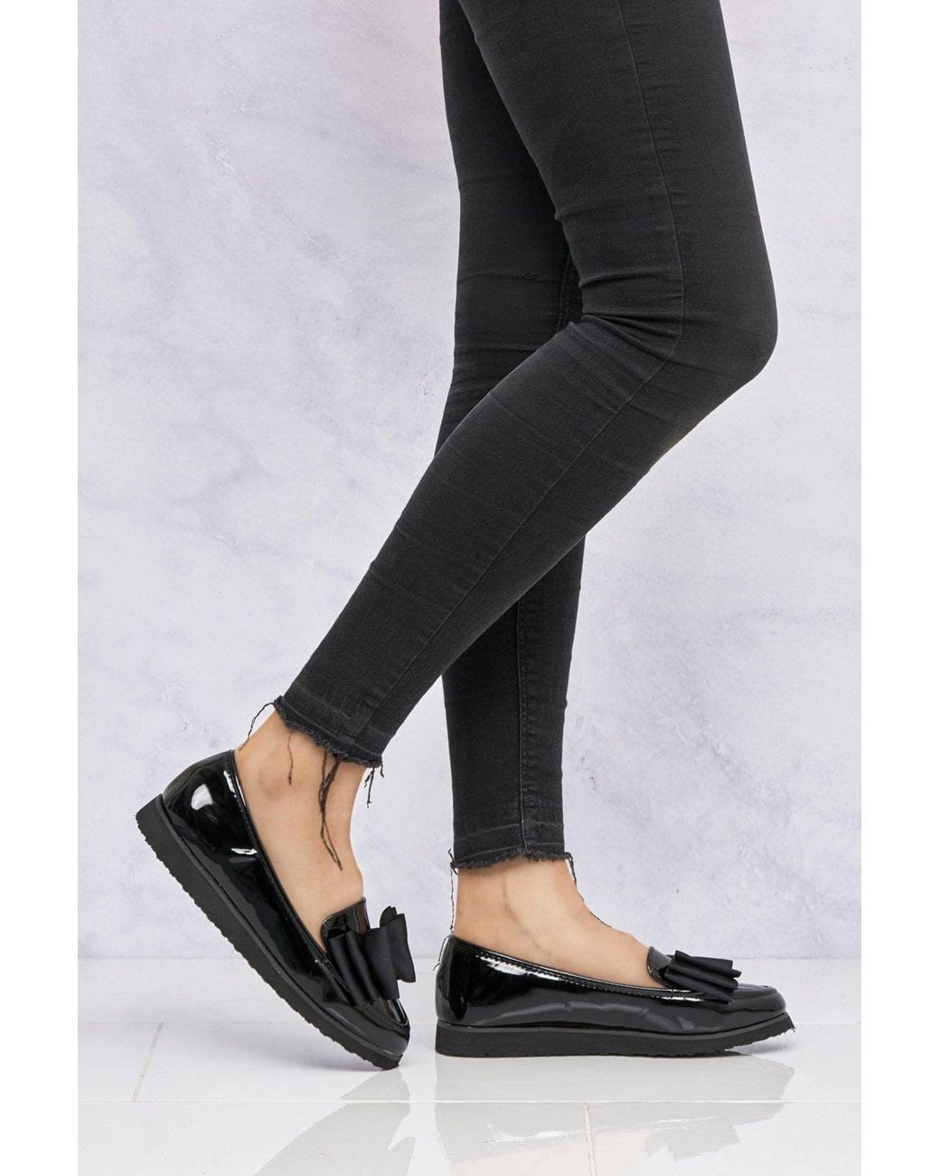Miss Diva Black Ada Bow Detail Cleated Flatform Sole Loafers