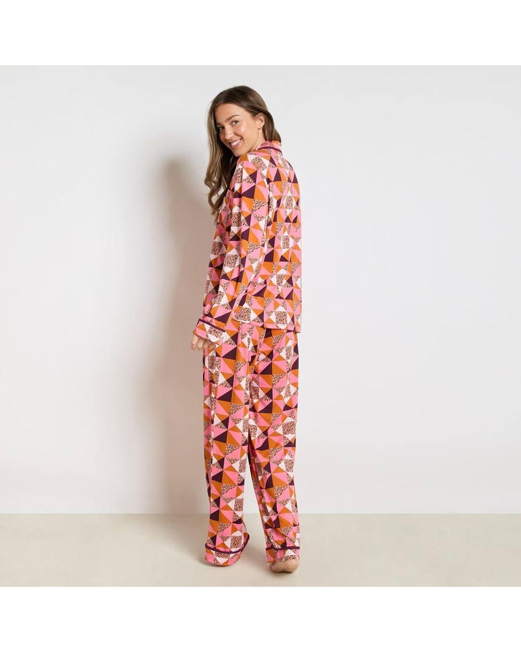 OHS Red Geo Print Piped Jersey Button Through Pyjama Set Nightwear