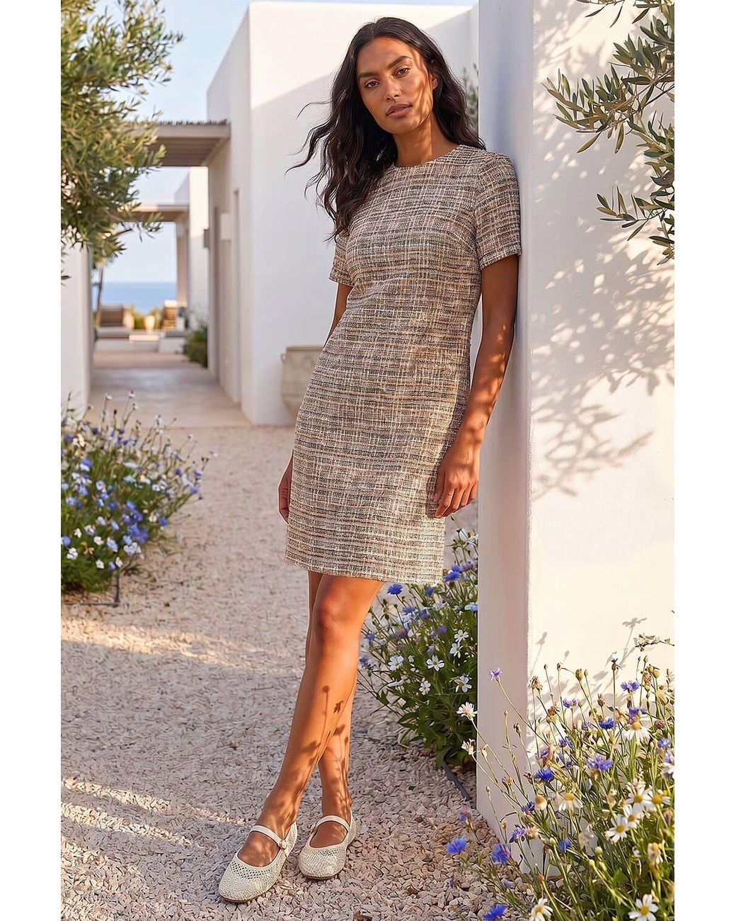 Roman Brown Textured Pocket Stretch Shift Dress