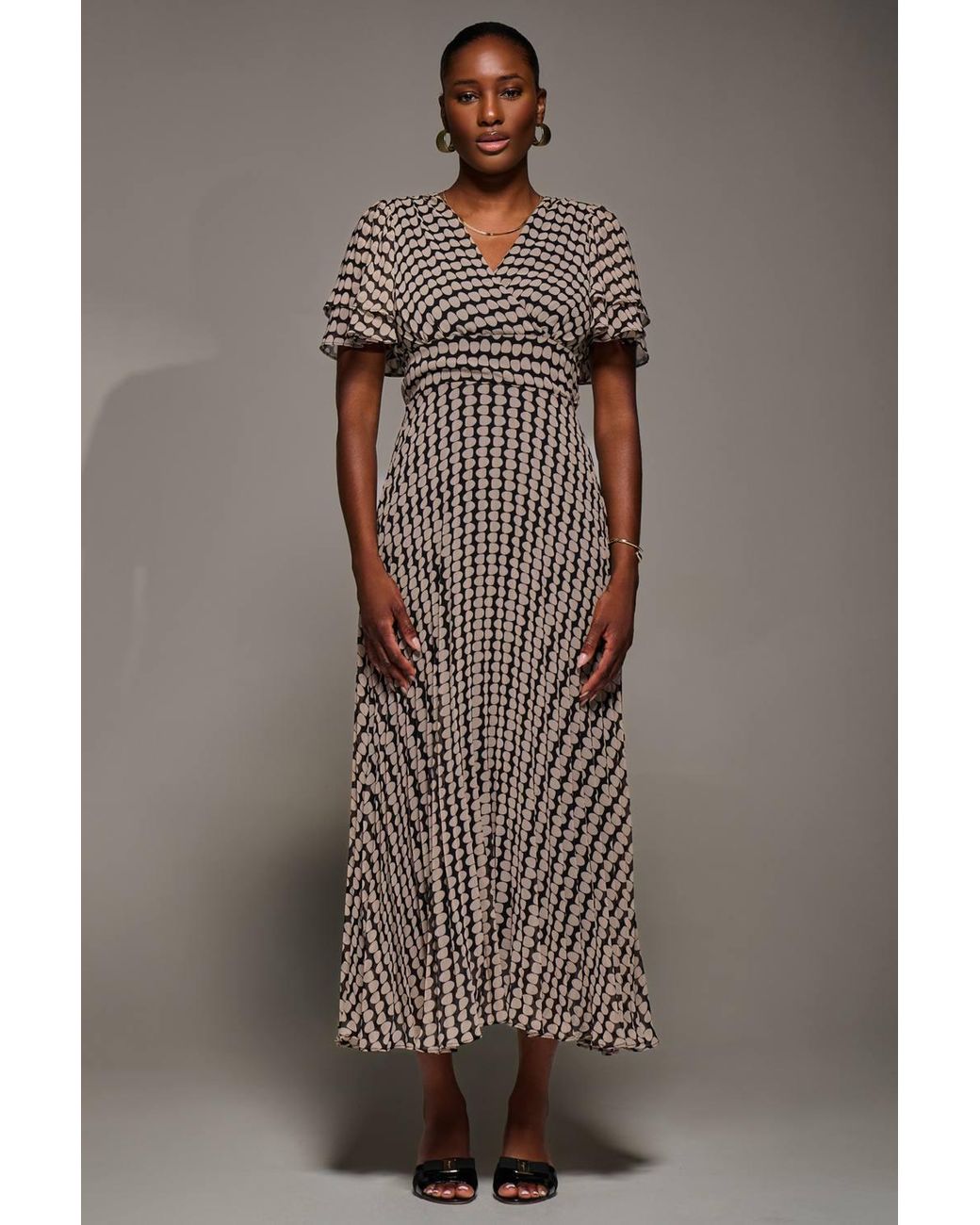 Jolie Moi Brown Chiffon Ruffle Sleeve Pleated Maxi Dress