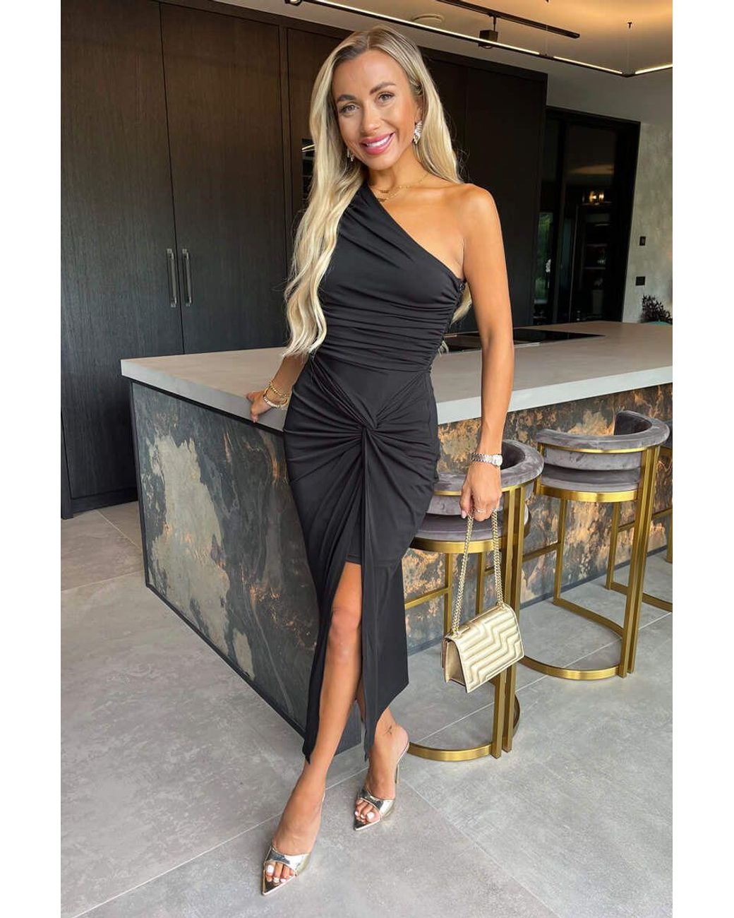 AX Paris Gray One Shoulder Knot Skirt Midi Dress