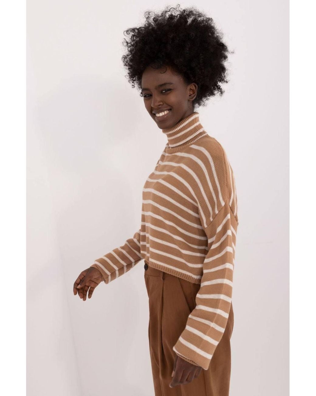 Love Lace Brown Turtleneck Striped Acrylic Wool Sweater