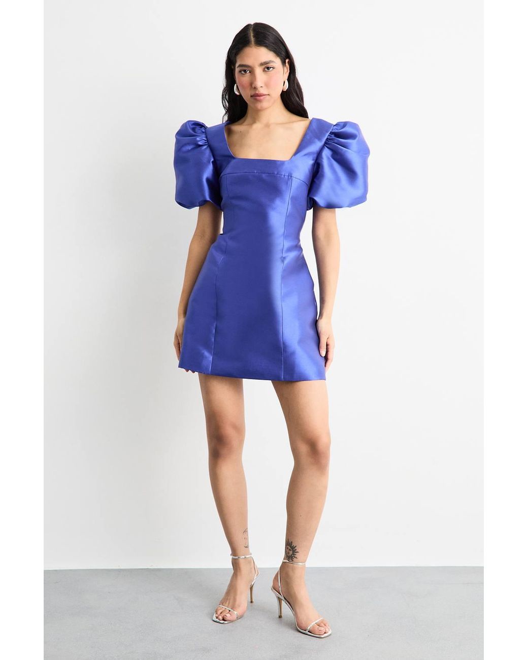 Warehouse Blue Puff Sleeve A-Line Mini Dress