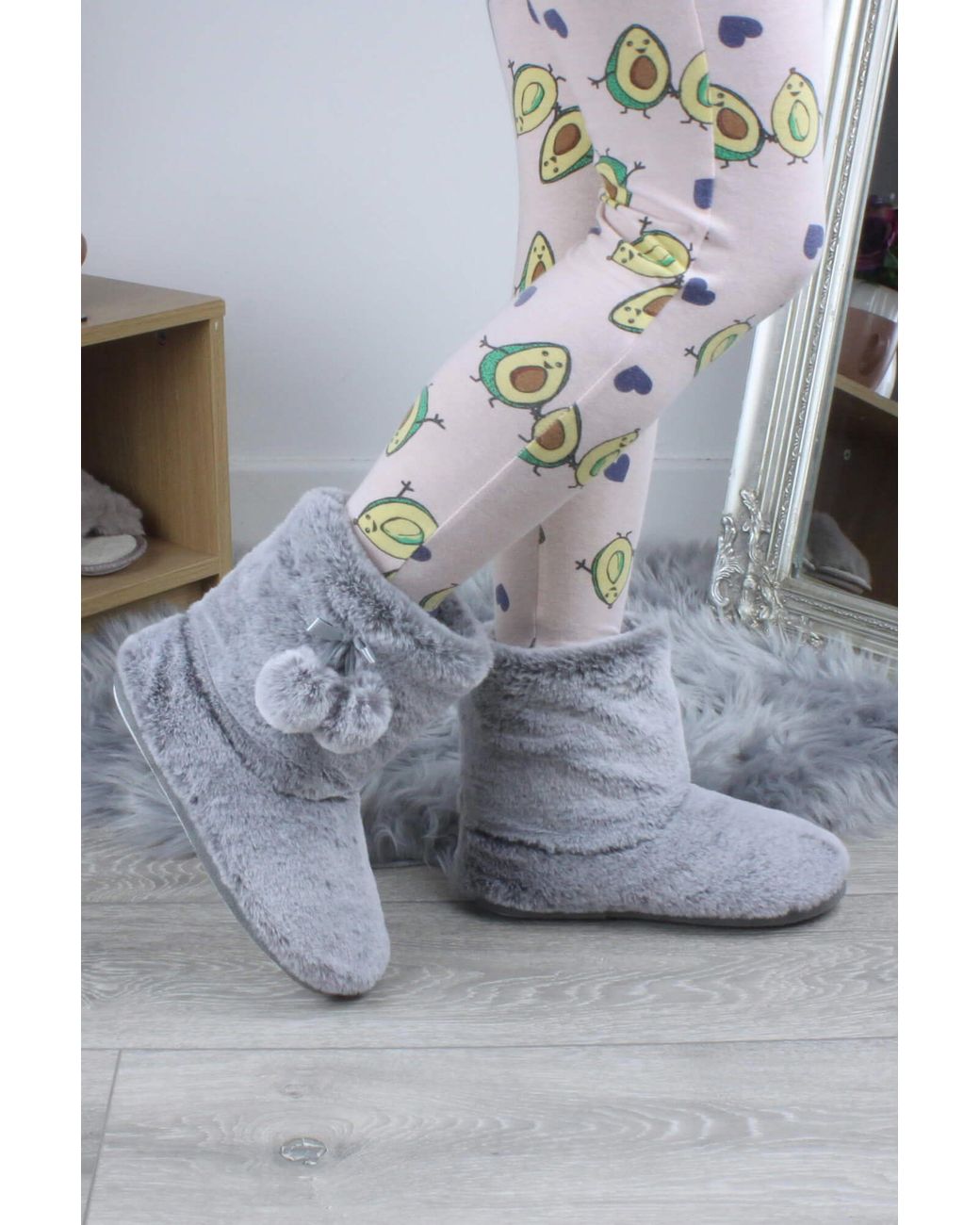 AJVANI Gray Faux Fur Lined Slip On Memory Foam Mules Slippers