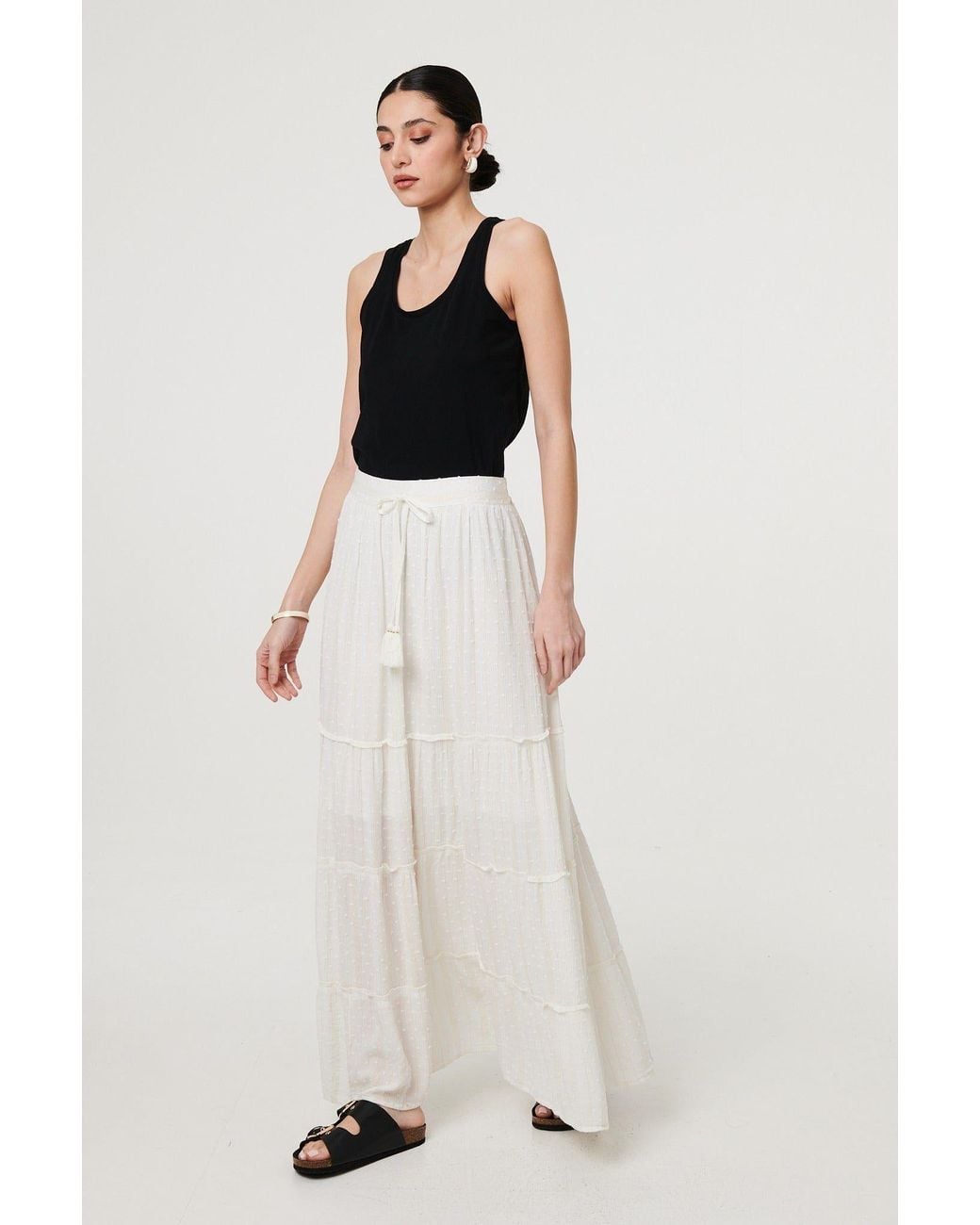 Izabel London White Textured High Waist Tiered Maxi Skirt
