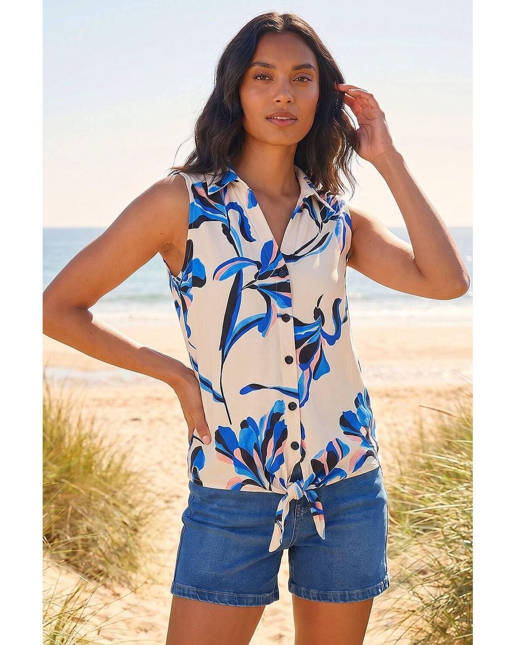 Roman Blue Floral Tie Front Blouse