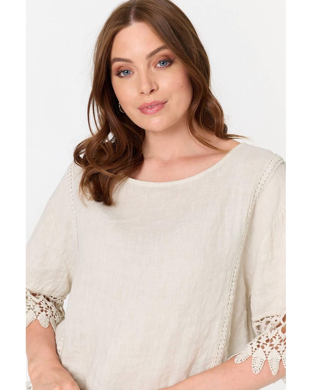 Izabel London White Lace Trim Relaxed 3/4 Sleeve Blouse