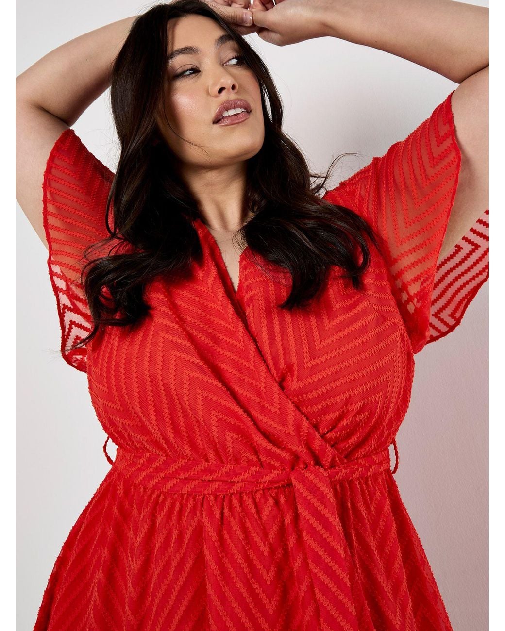 Apricot Red Curve Jacquard Chevron Wrap Midi Dress