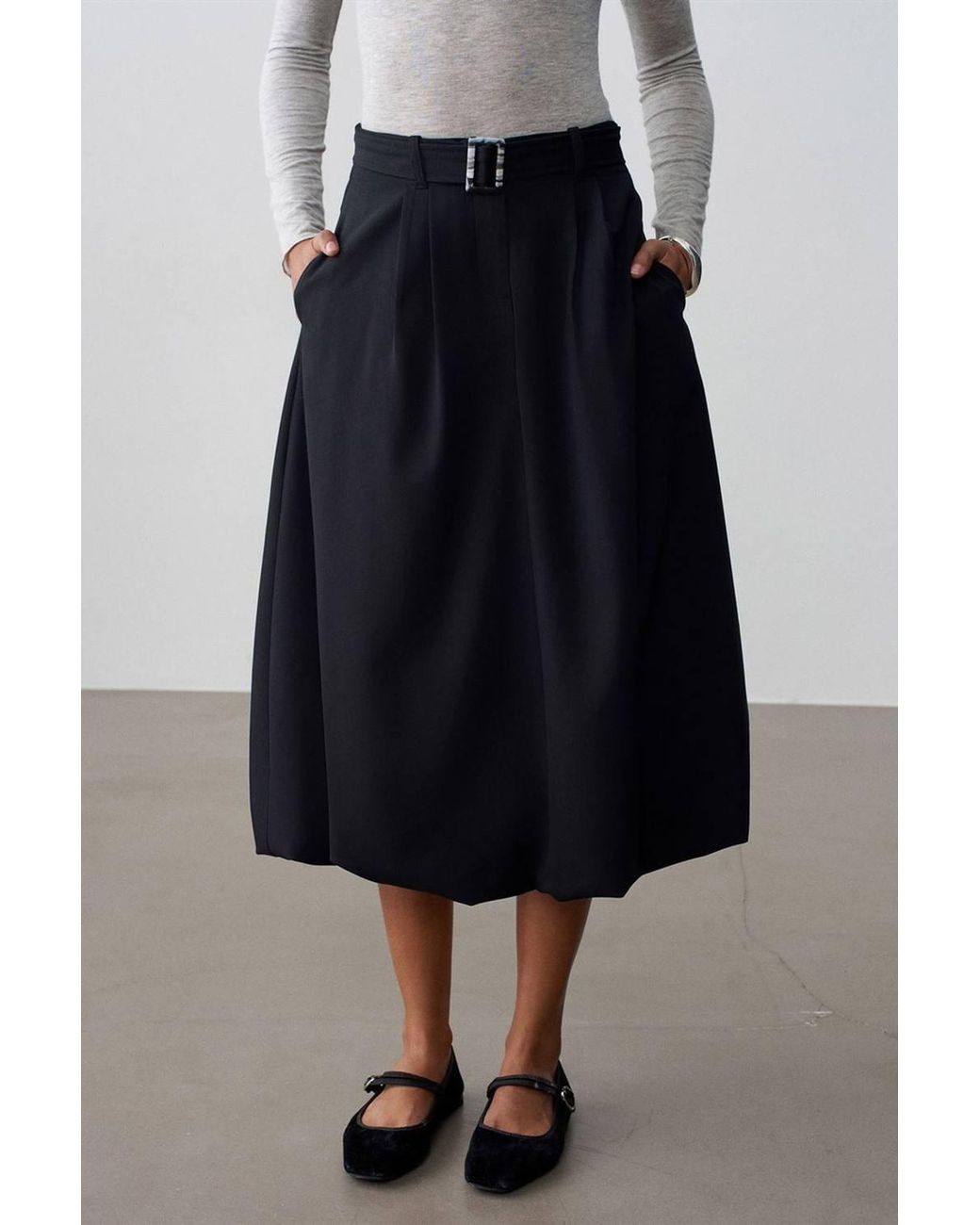 Dilvin White High-Waist Belted Midi Balloon Skirt