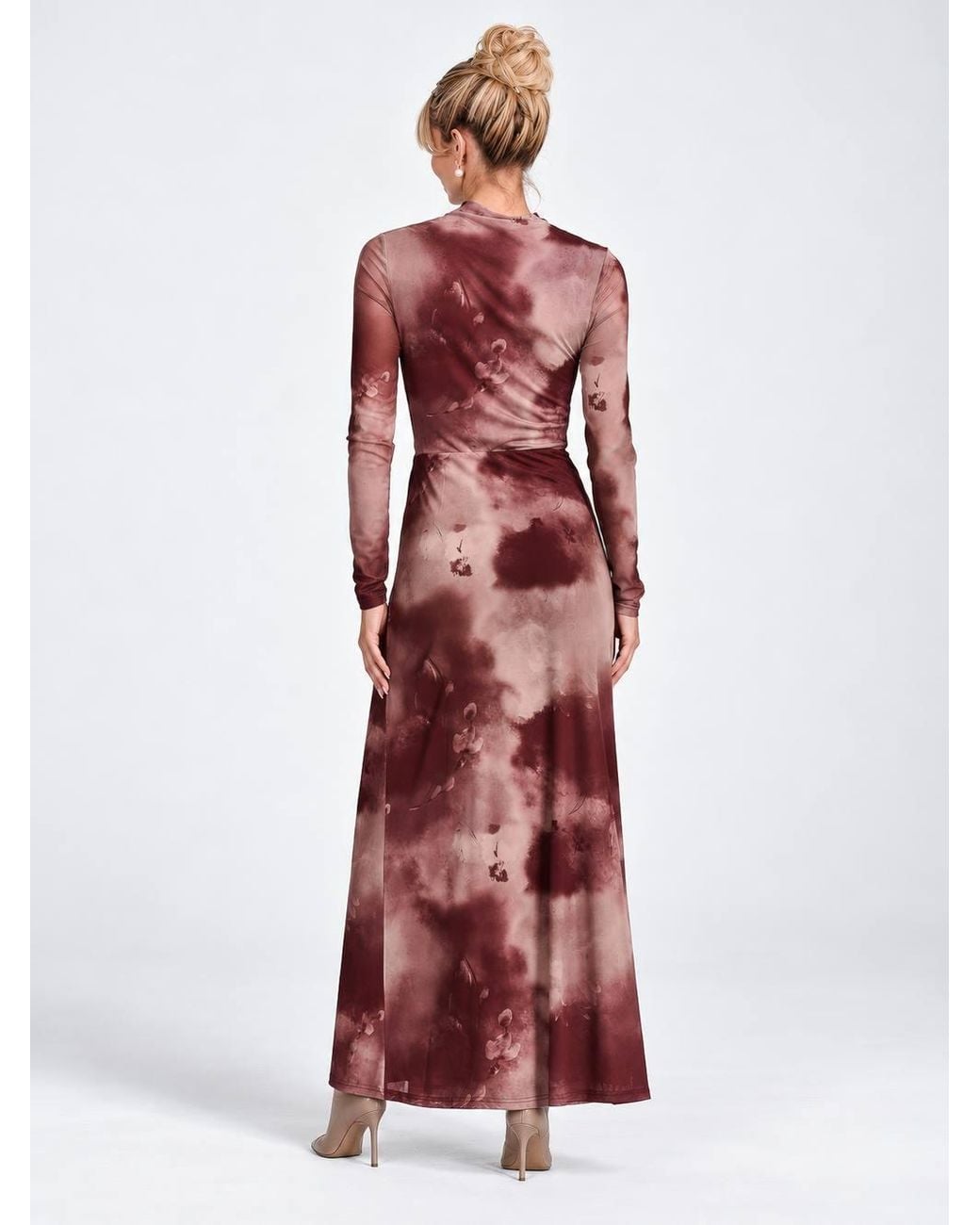 Jolie Moi Red High Neck Long Sleeve Mesh Maxi Dress
